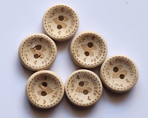 6 x Natural Wooden Round "Handmade with Love" Buttons - 1.5cm