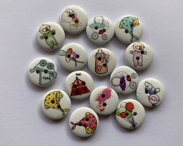 6 x 15mm Mixed Wooden Cartoon Baby Buttons 2-Holes White