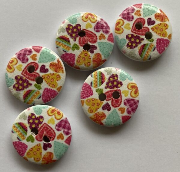 5 x Natural Wooden Love Heart Buttons  - 2cm