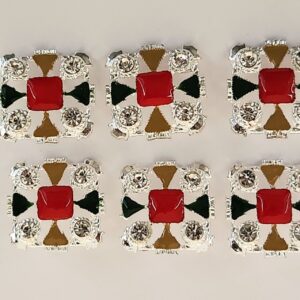 6 x Square 2.1cm Rhinestone Crystal Metal Shank Buttons - Green, Red, Gold