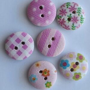 Wooden Painted Pink Pattern Buttons - 1.5cm