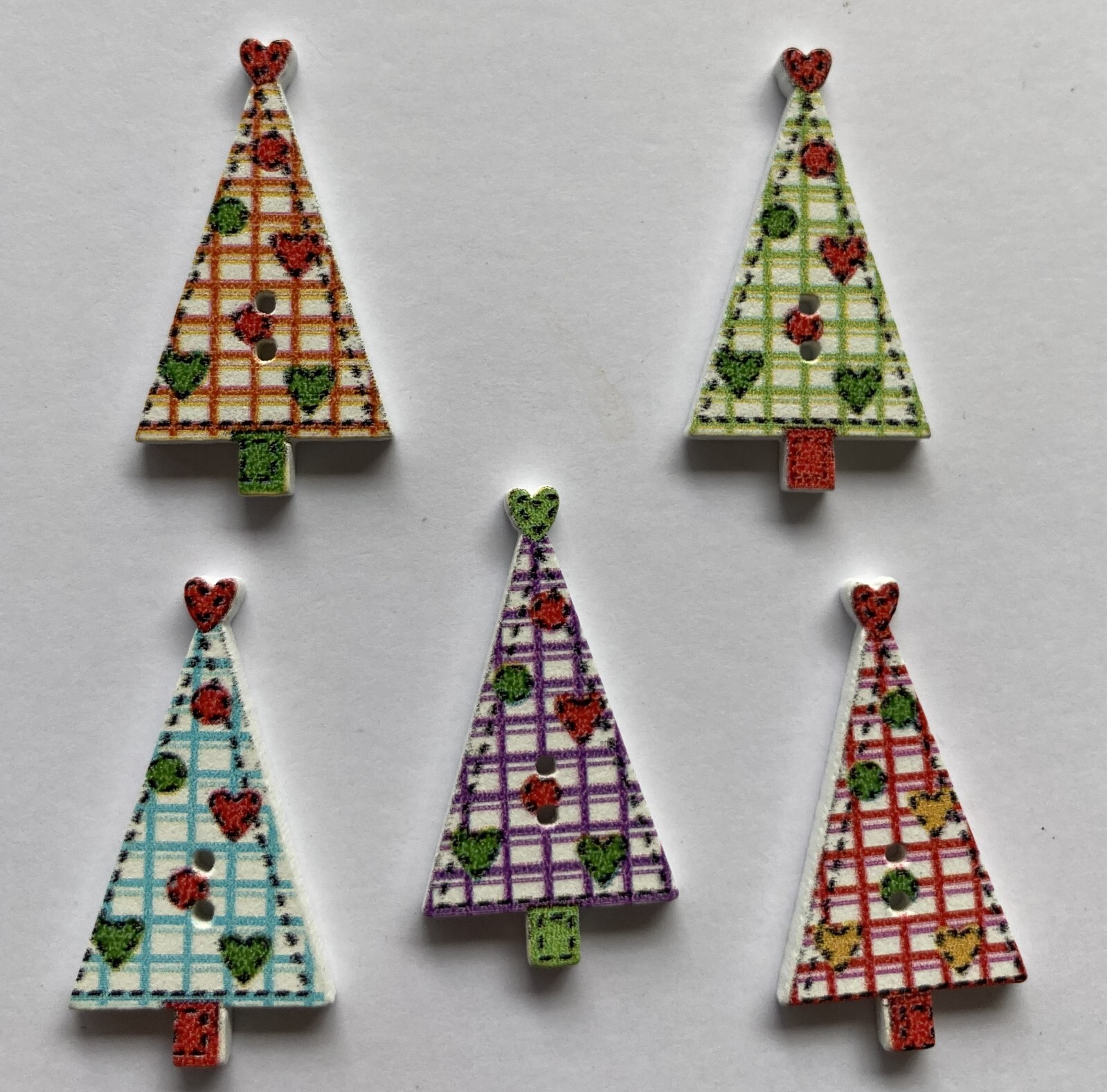 Wooden Christmas Tree Tartan Check Buttons - 15x30mm