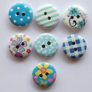 Wooden Painted Blue Pattern Buttons - 1.5cm