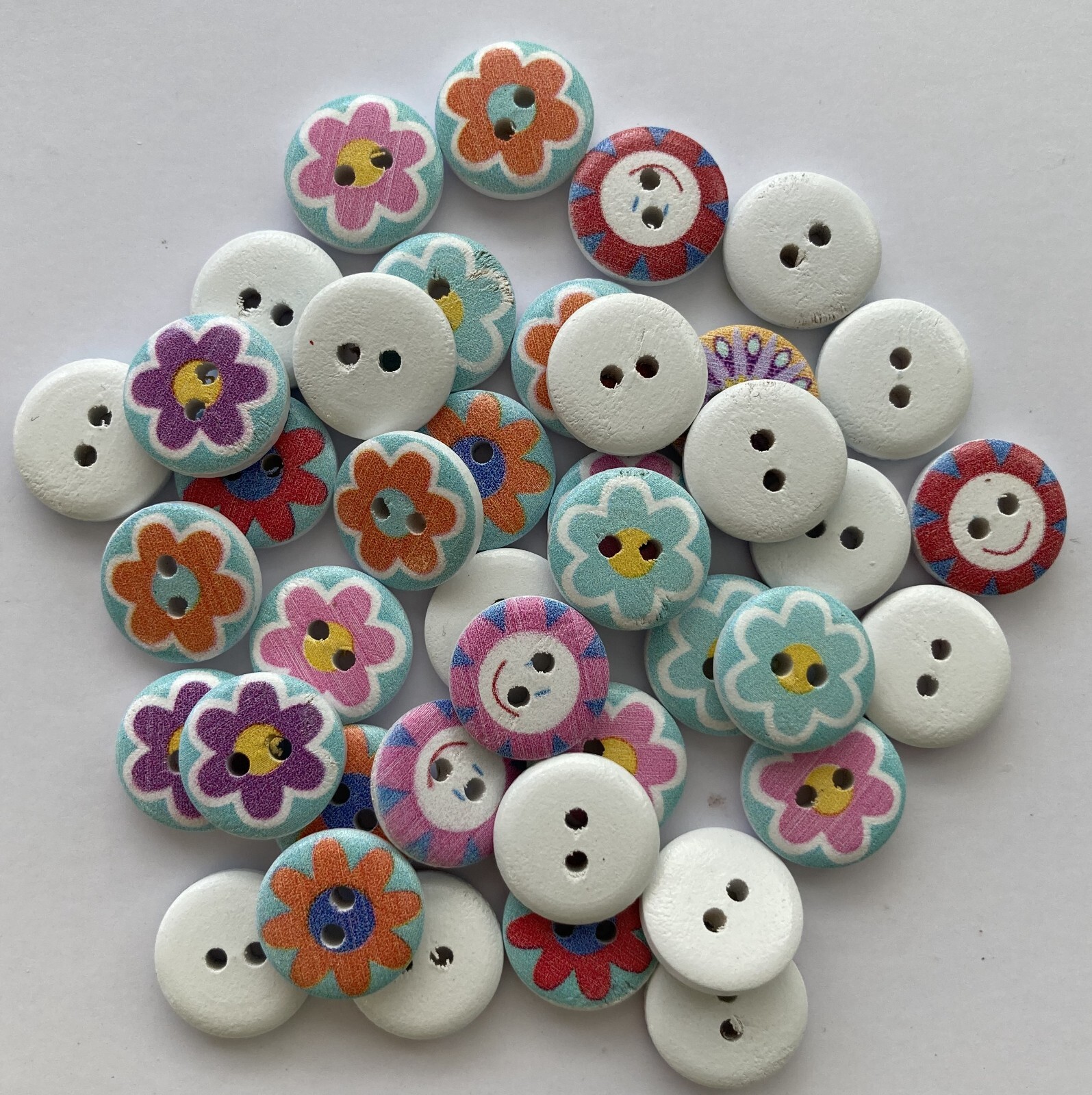 Wooden Painted Flower Buttons - 1.5cm