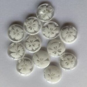 6 x 14mm Transparent Resin Buttons with white 3D flower inlay
