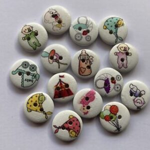 6 x 15mm Mixed Wooden Cartoon Baby Buttons 2-Holes White