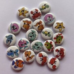 6 x 15mm Cartoon Sea Creatures Fish Wooden Buttons