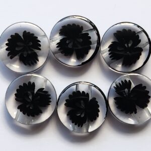 6 x 14mm Transparent Resin Buttons with BLACK 3D flower inlay