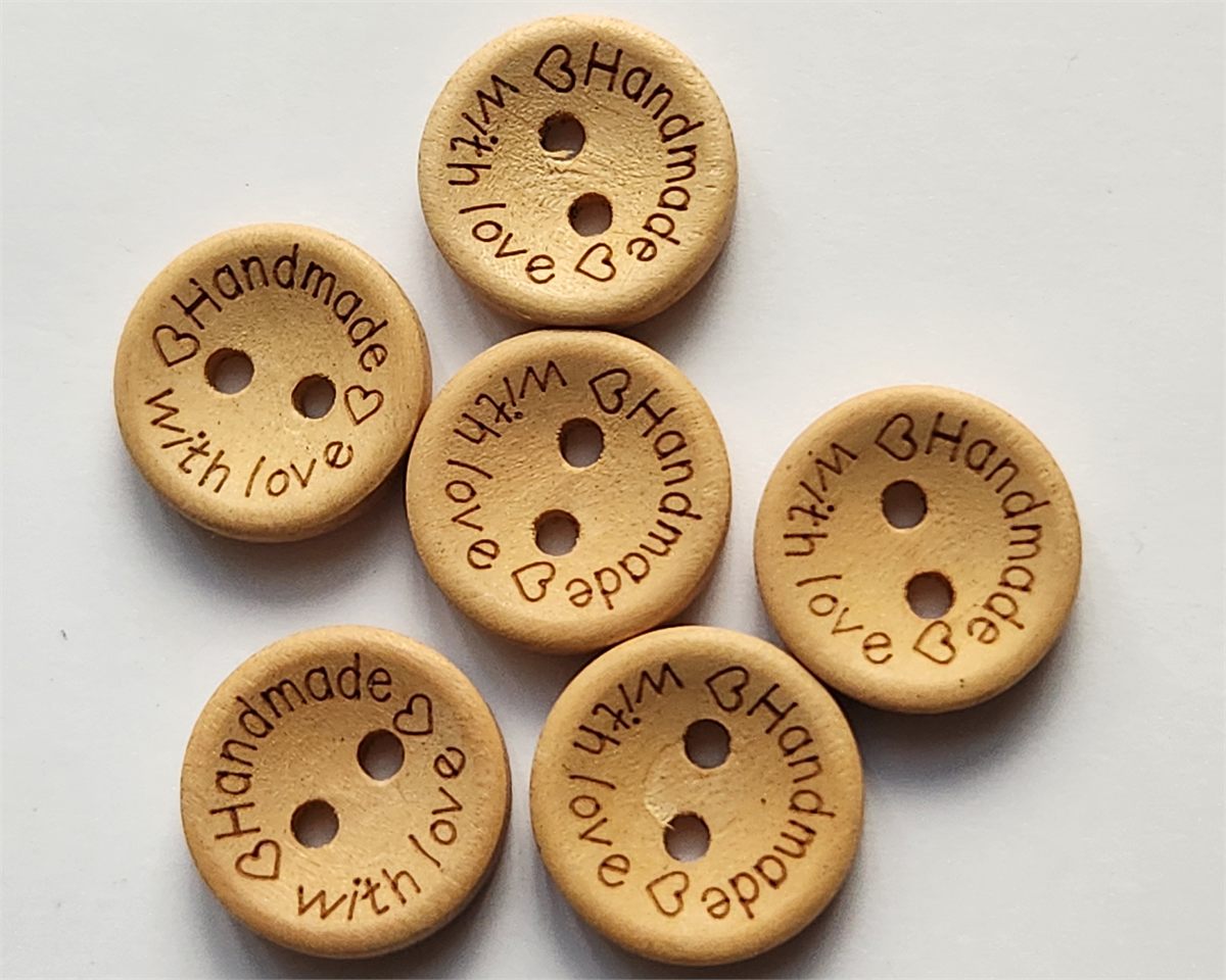 6 x Natural Wooden Handmade with love Buttons 1.5cm