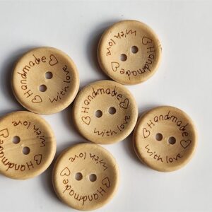 6 X Natural Wooden Round "Handmade With Love" Buttons - 2cm
